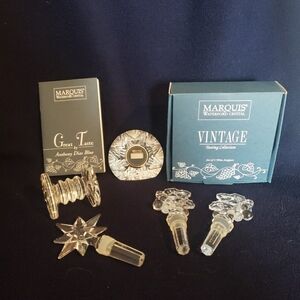 Set of Five Waterford Crystal Pieces, Wine Bottle Stoppers, Clock, Knife Rest